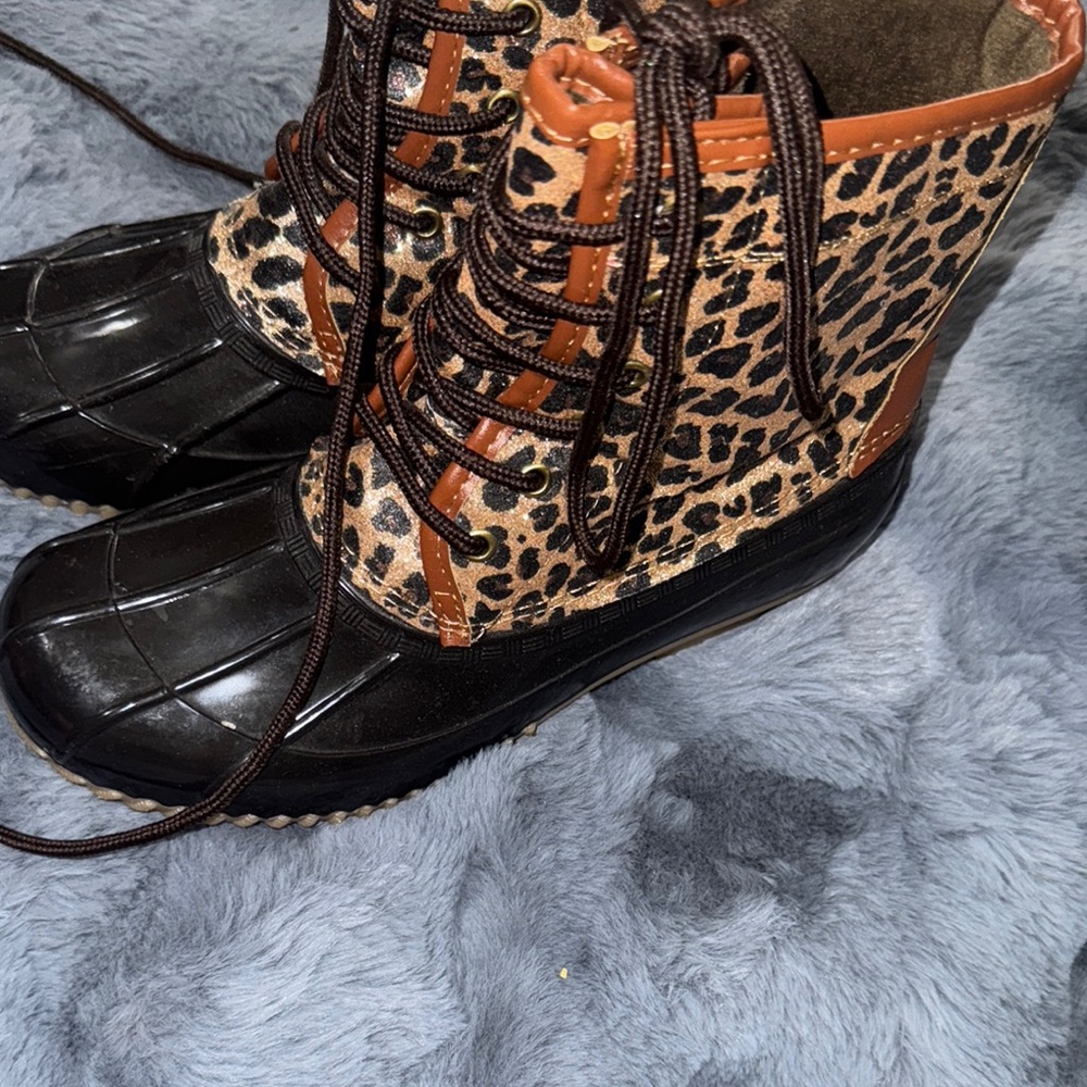 Black and Brown Winter Rain Boots with Leopard Print